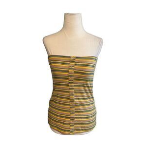 Olivaceous Strapless Top Yellow Tan Black Blue Striped Stretch Knit S